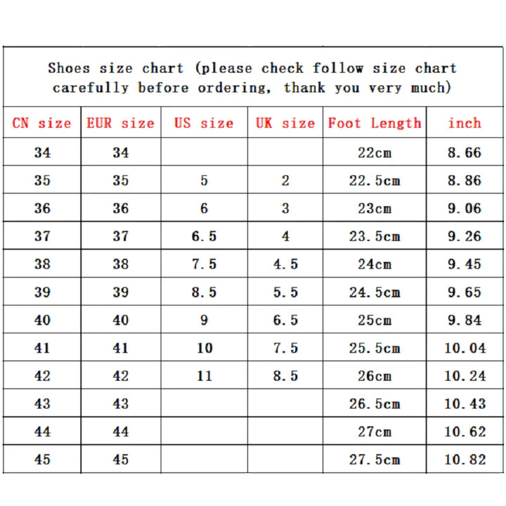 Shoe size chart: EUR 34–45 with foot length in cm and inches