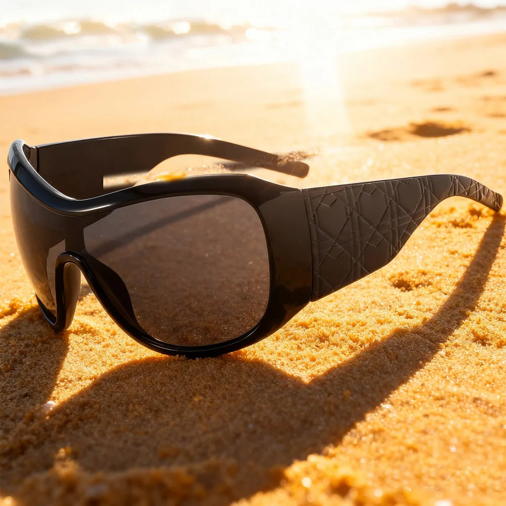 Black sunglasses on a sandy beach with ocean in the background
