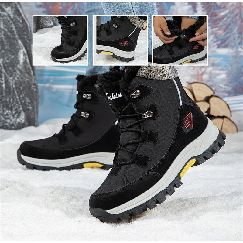 Black lace-up platform ski boots with faux-fur lining and yellow edge accents