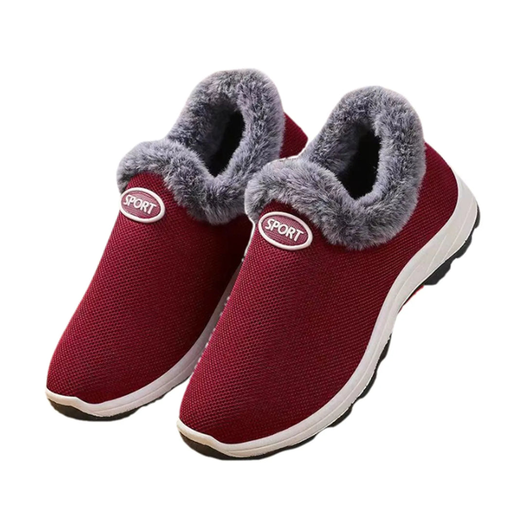 Women’s red slip-on sneakers with gray plush lining, round toe, and white sole
