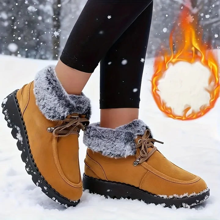 Women's tan/yellow lace-up snow boots with faux-fur trim and rugged sole