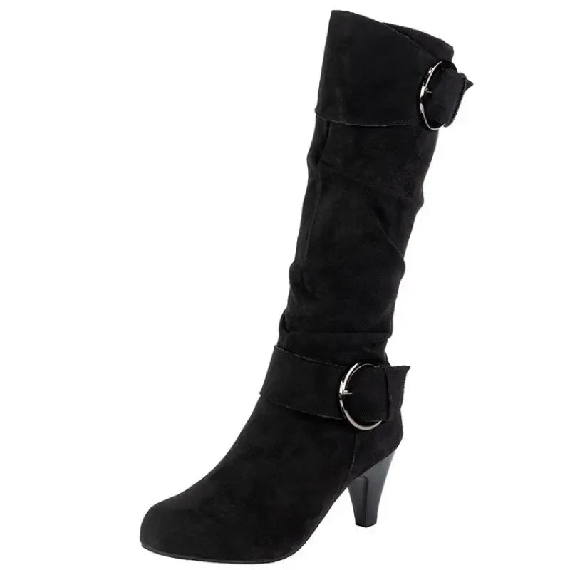 Black knee-high boot with buckle detail on a white background