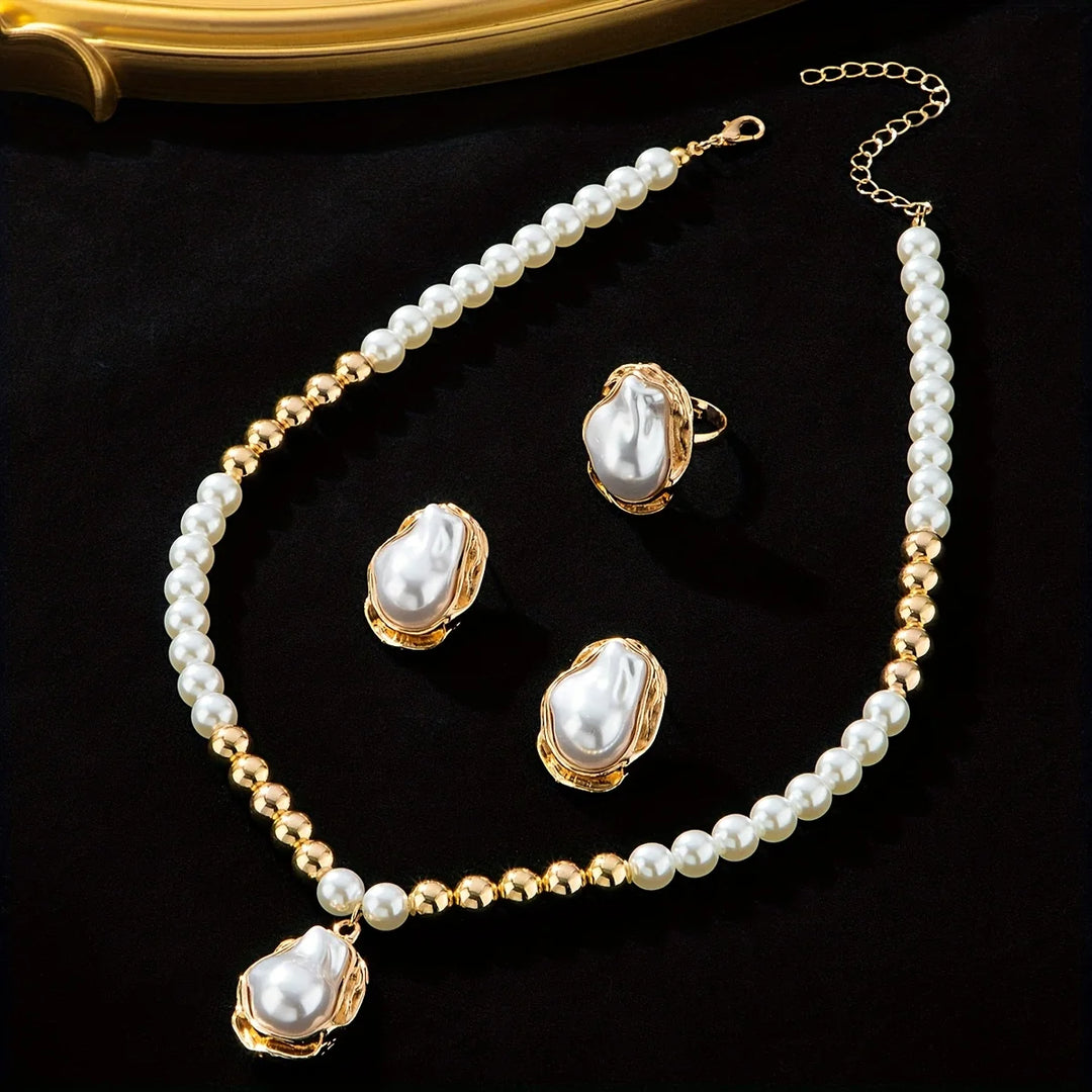 Pearl necklace and earrings set on a dark background