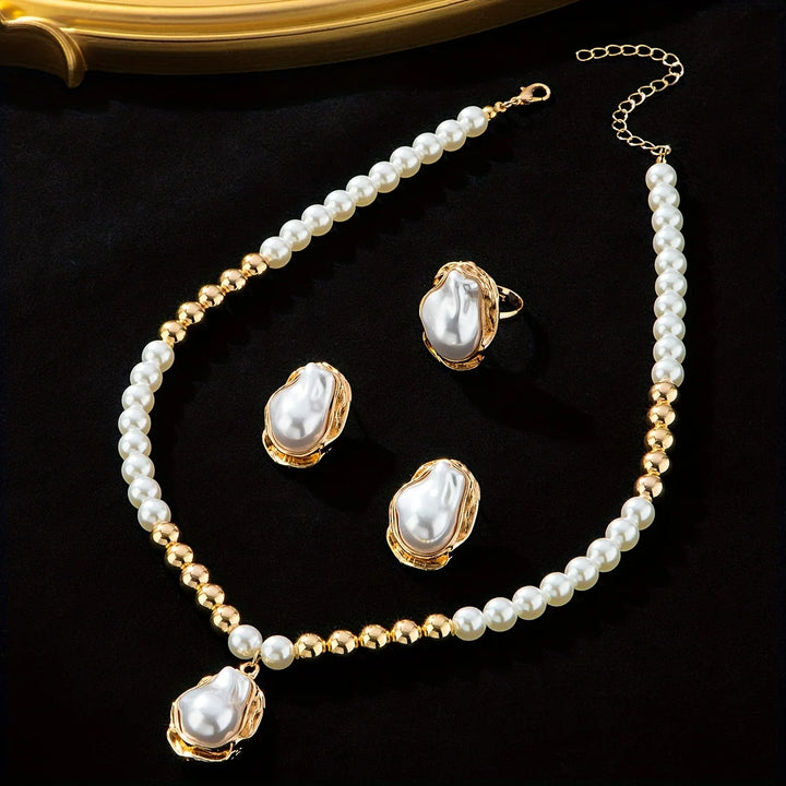 Pearl necklace and earrings set on a dark background