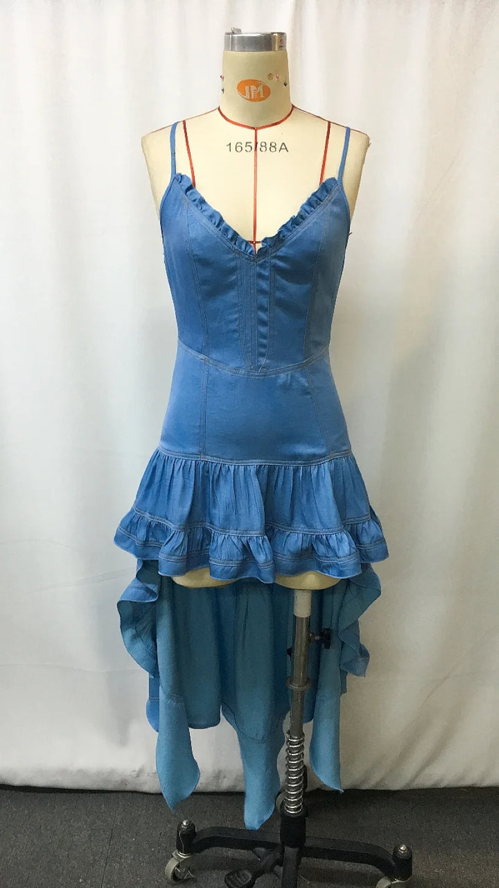 Women's Blue Denim Flowy Maxi Dress 60's Inspired 