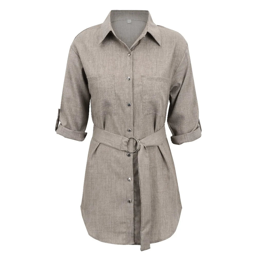 Casual Button Front 3/4 Sleeve Deep V-neck Mini Shirt Dresses