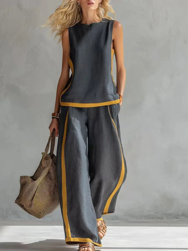 Dark sleeveless tank and wide-leg pants set with color-block trim at edges