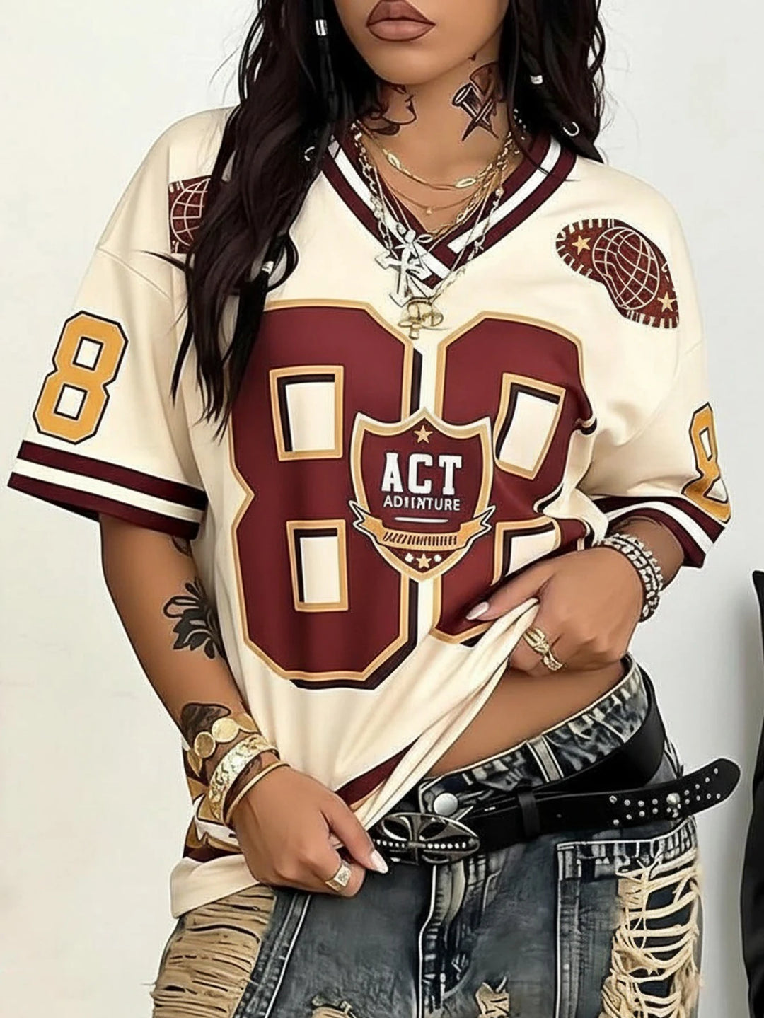 Urban Street Hip Number Printed Graphics Short Sleeve V-Neck Plus Size Women's Jerseys