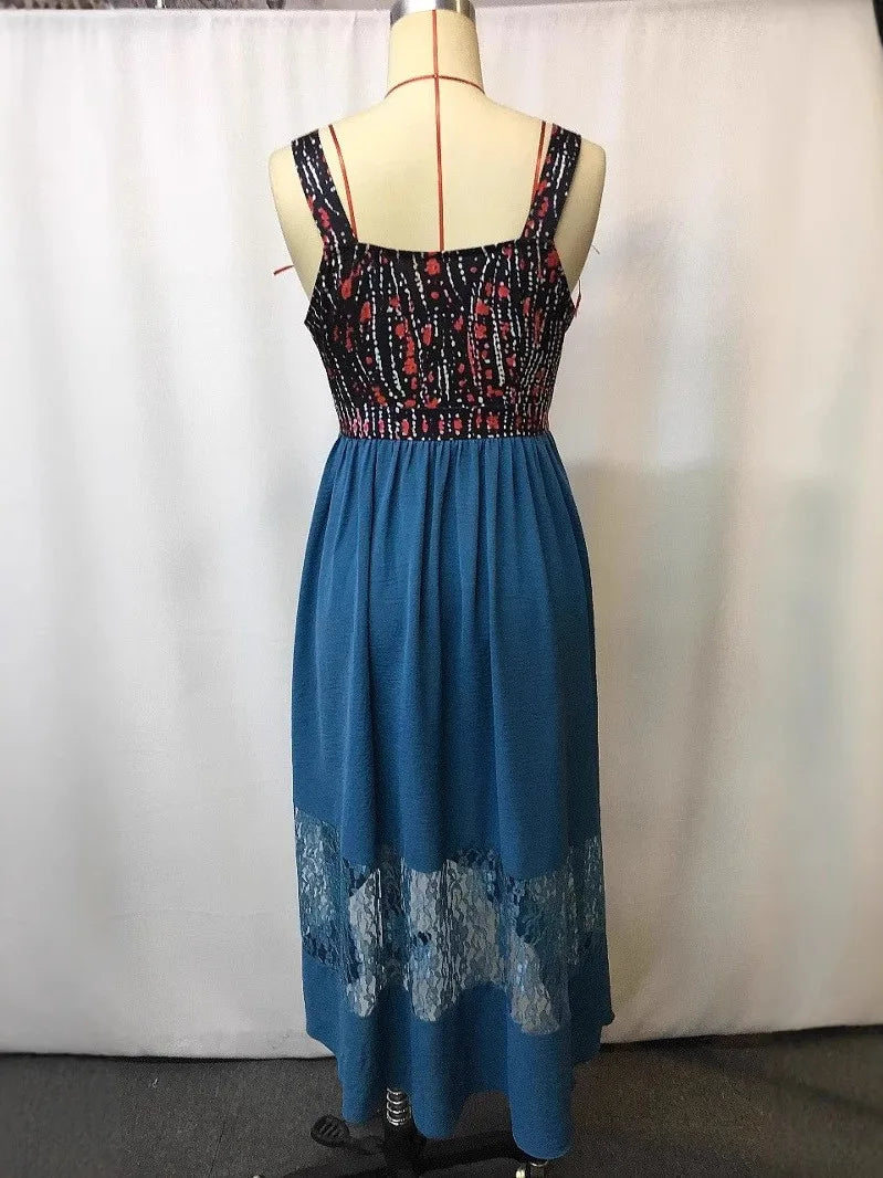 Peacock blue sleeveless V-neck dress with patterned open-back straps and lace-trim hem
