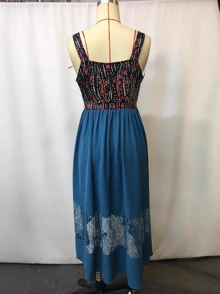 Peacock blue sleeveless V-neck dress with patterned open-back straps and lace-trim hem