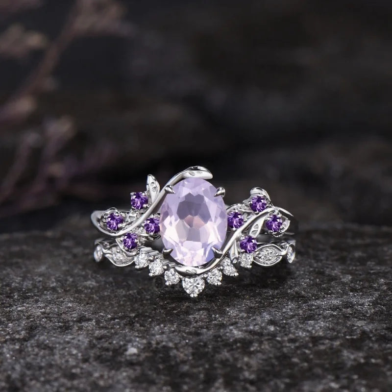 Stylish leaf branches shape purple zircon inlaid women's ring