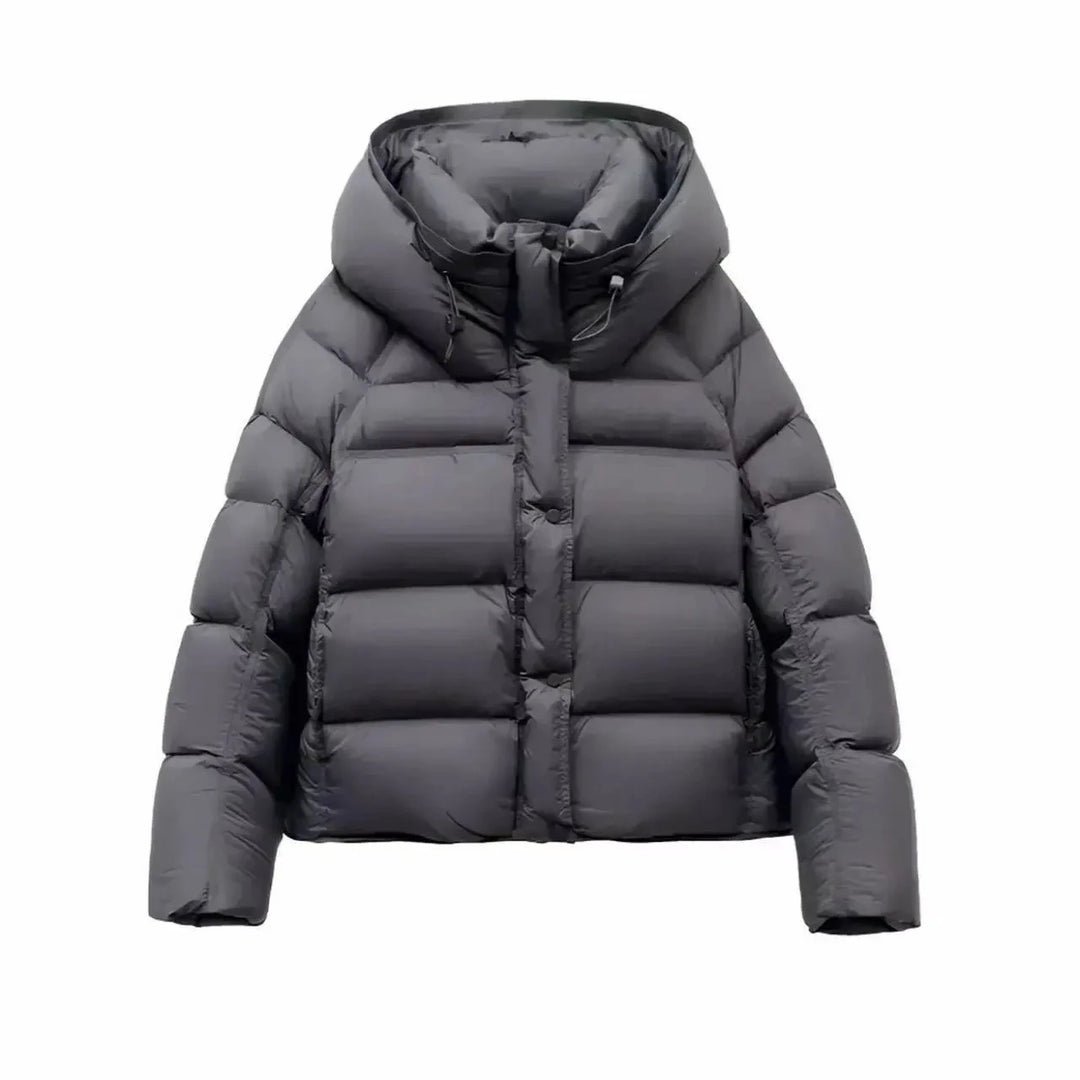 Dark gray hooded puffer coat with cotton padding and front zip closure
