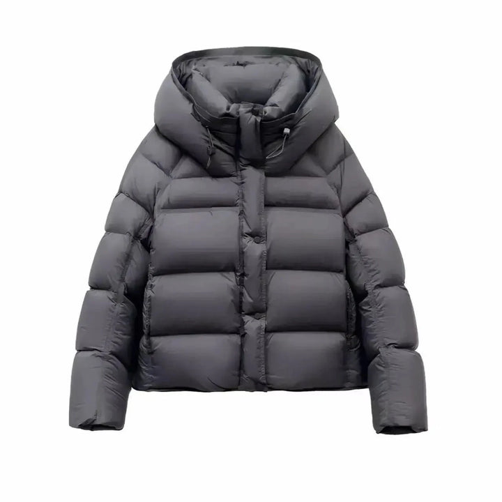 Dark gray hooded puffer coat with cotton padding and front zip closure