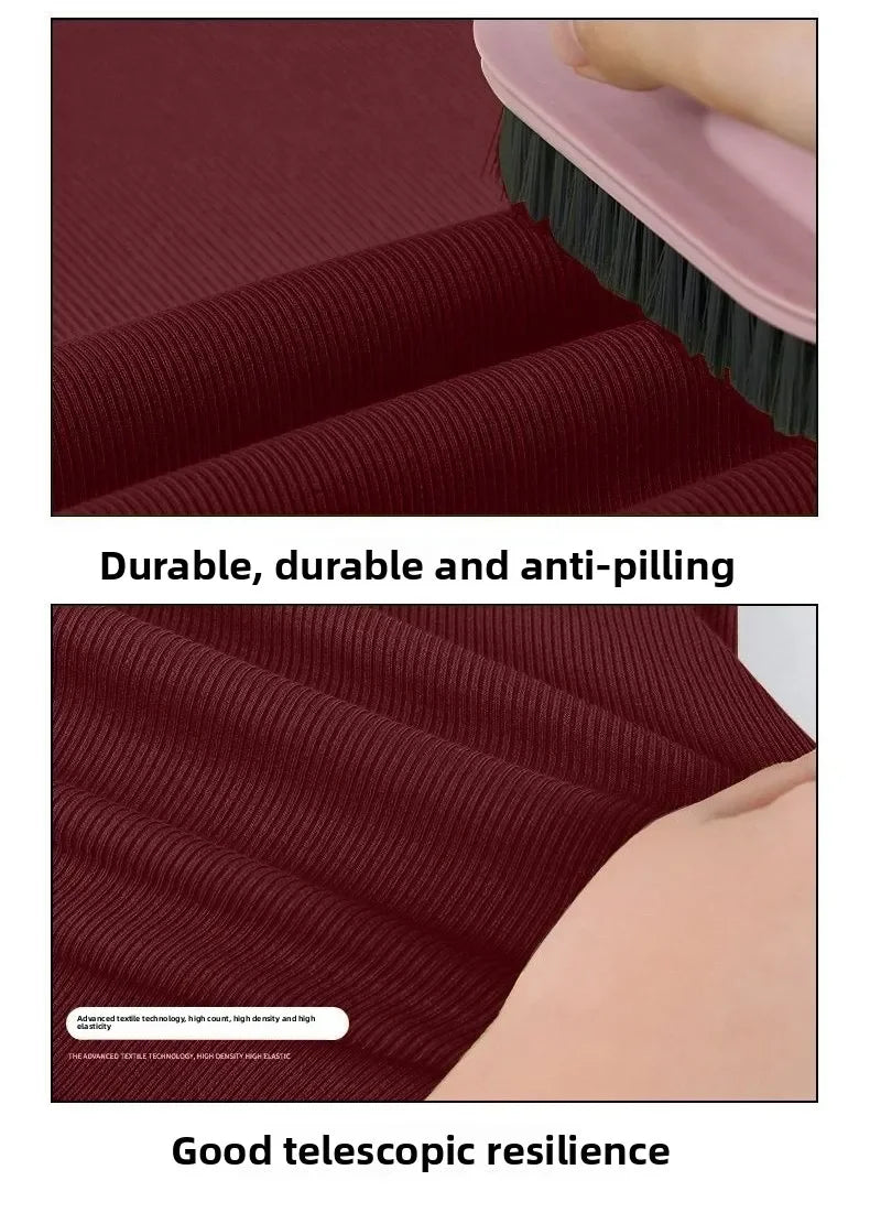 Ribbed knit fabric close-up with durable and anti-pilling text for women’s top