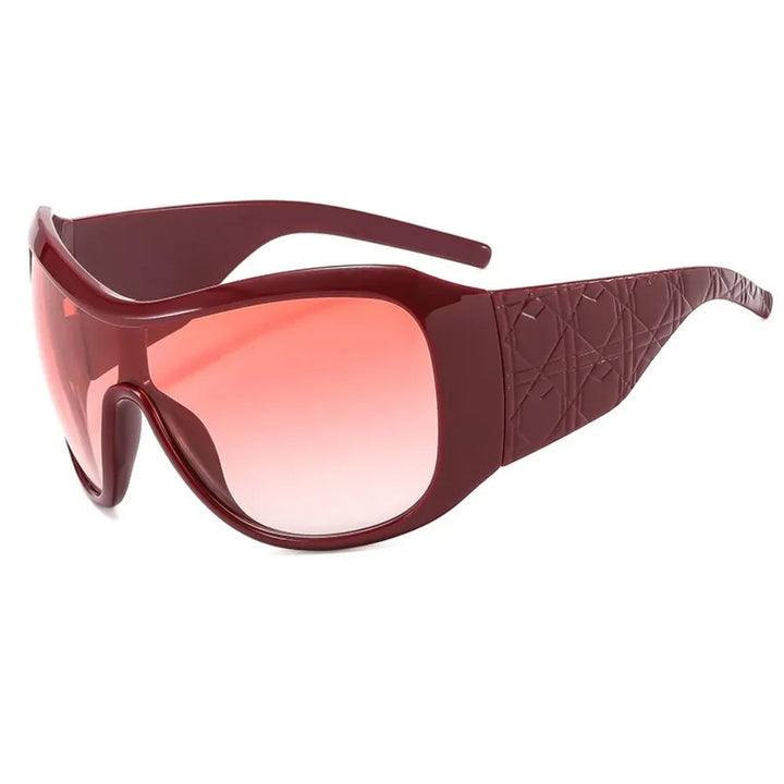 Maroon sunglasses with pink lenses on a white background