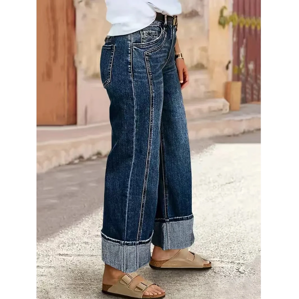 Straight-Leg Jeans blau mit Frontnähten, hoher Bund, Taschen, Umschlag am Saum