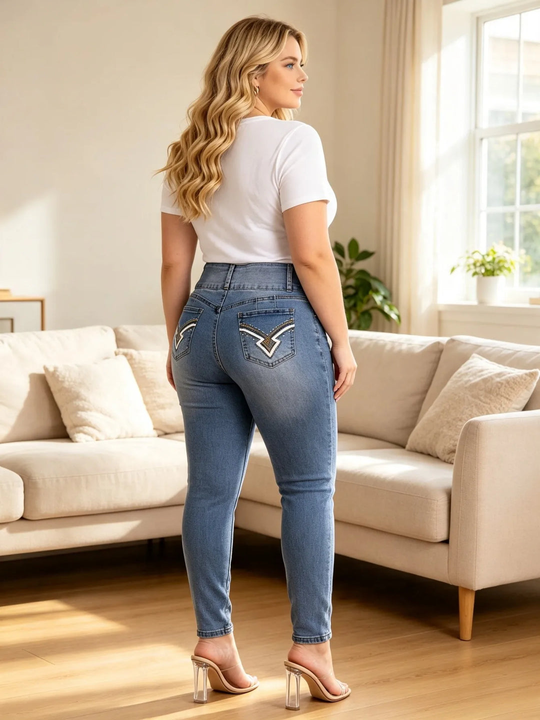 High-rise blue denim jeans with rhinestone back pocket embroidery and 3-button front