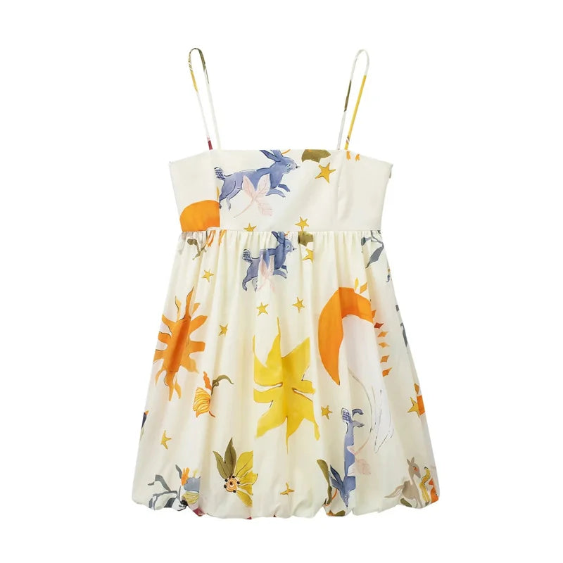 Children's dress with colorful floral and animal print on a white background
