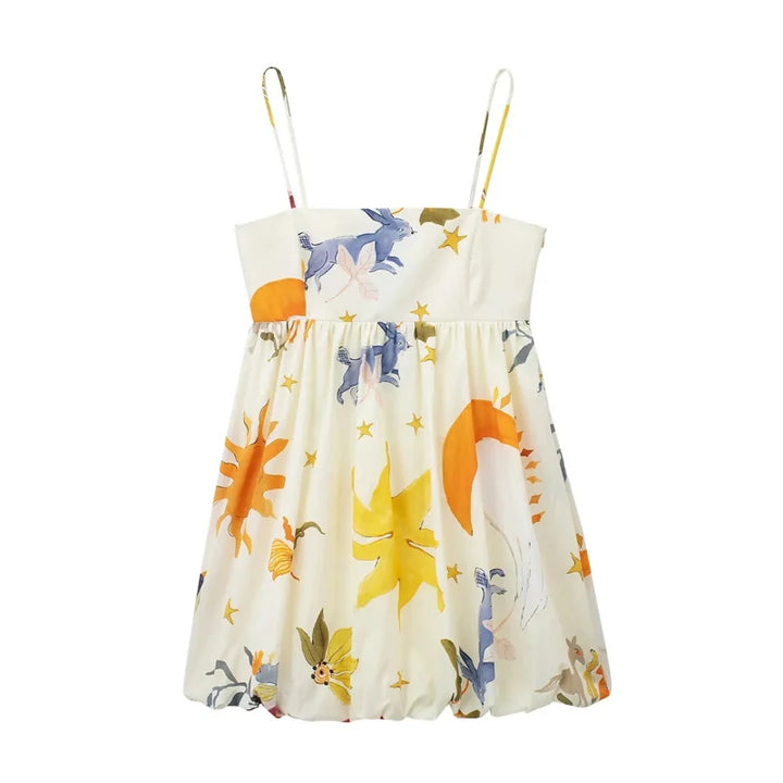 Children's dress with colorful floral and animal print on a white background