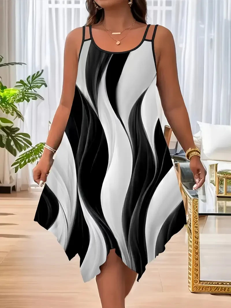 Woman wearing a black and white patterned dress in a room with a plant and furniture.