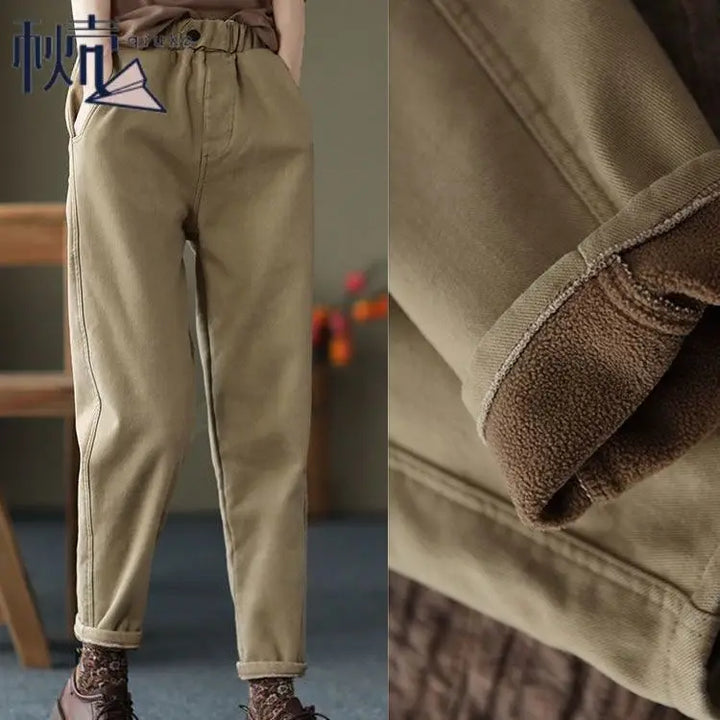 Women's Khaki Thick-Option Harem Pants With Plush Interior Detail