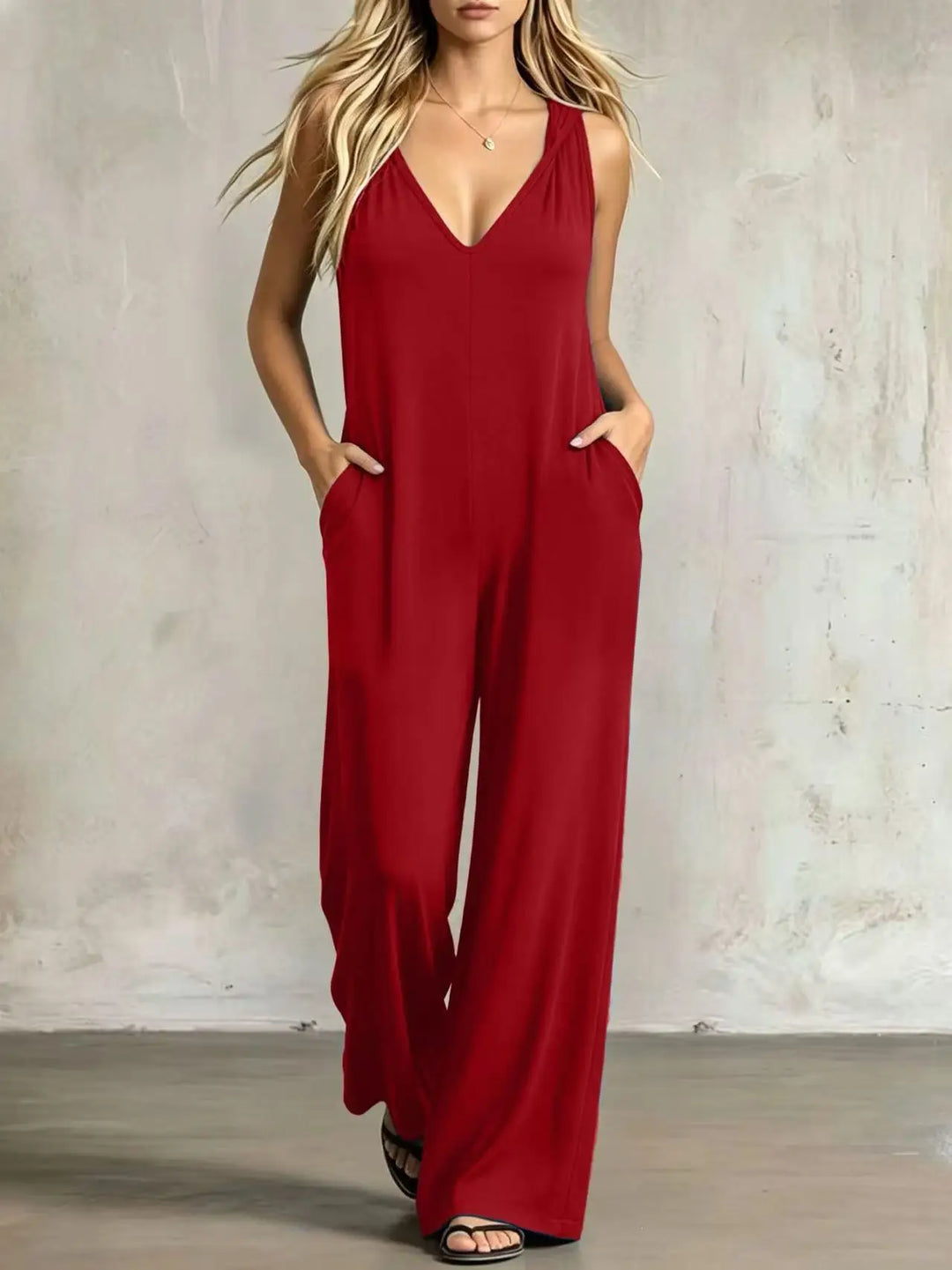 Women's sleeveless V-neck wide-leg jumpsuit, deep red solid color