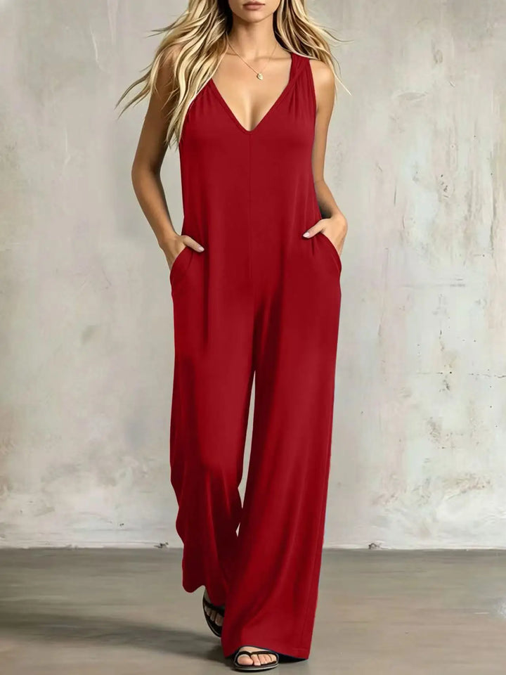 Women's sleeveless V-neck wide-leg jumpsuit, deep red solid color