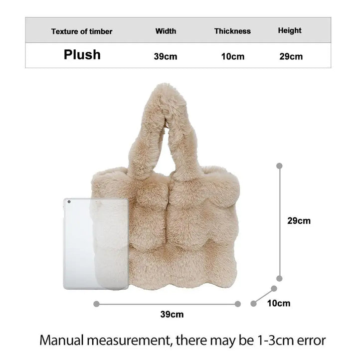 Beige faux fur bucket handbag with short handles and open top