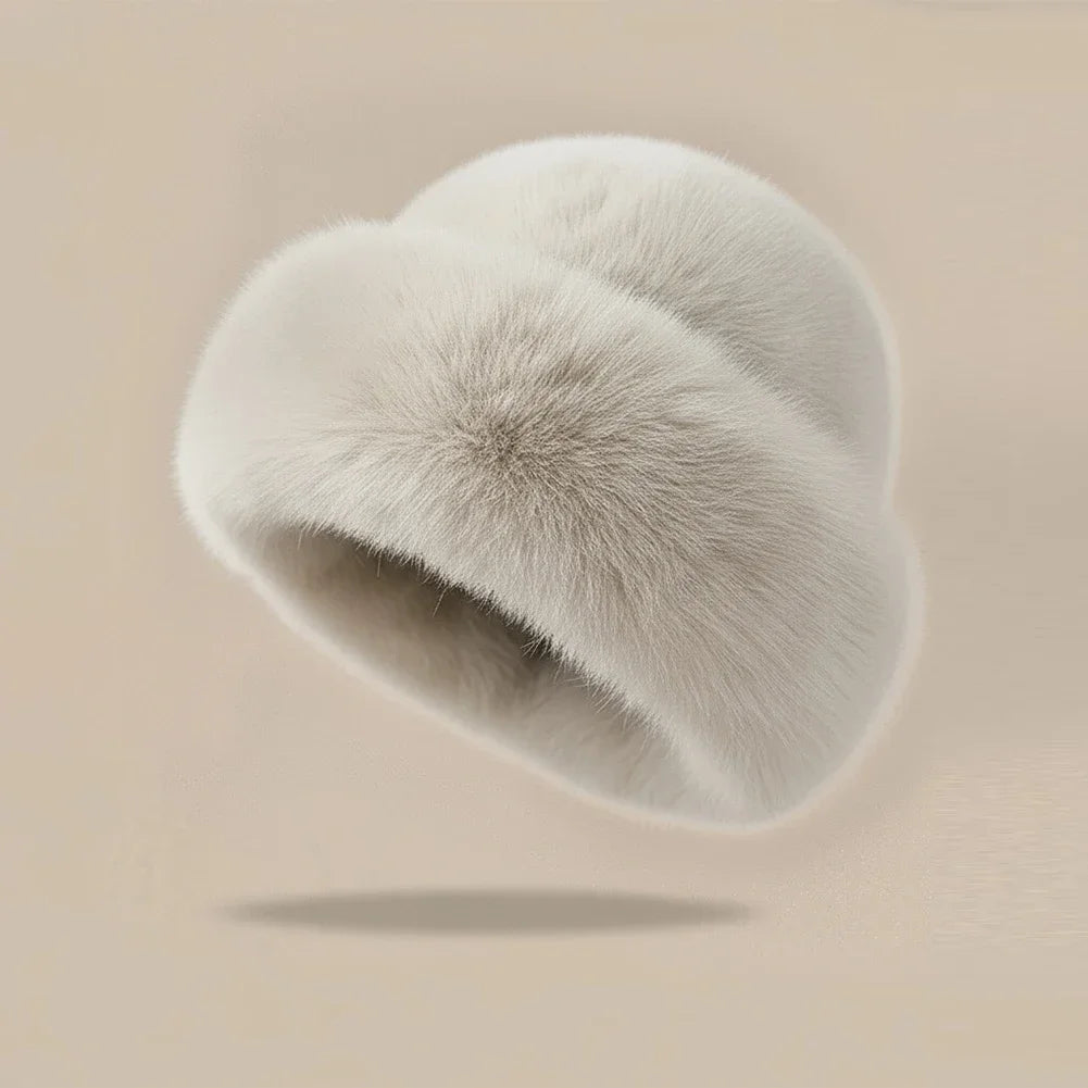 White plush furry winter beret hat with rolled brim