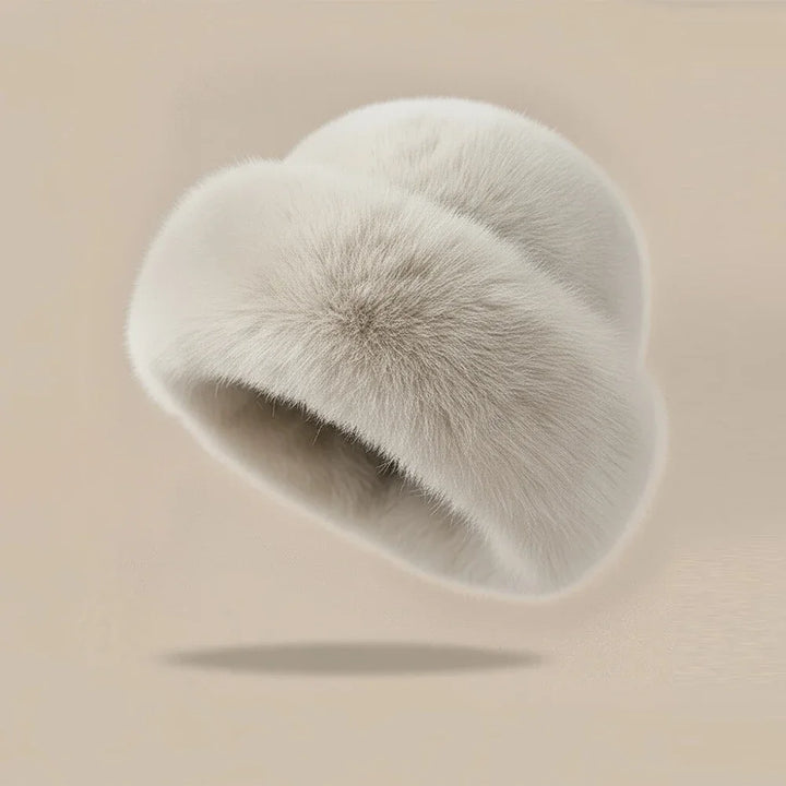 White plush furry winter beret hat with rolled brim