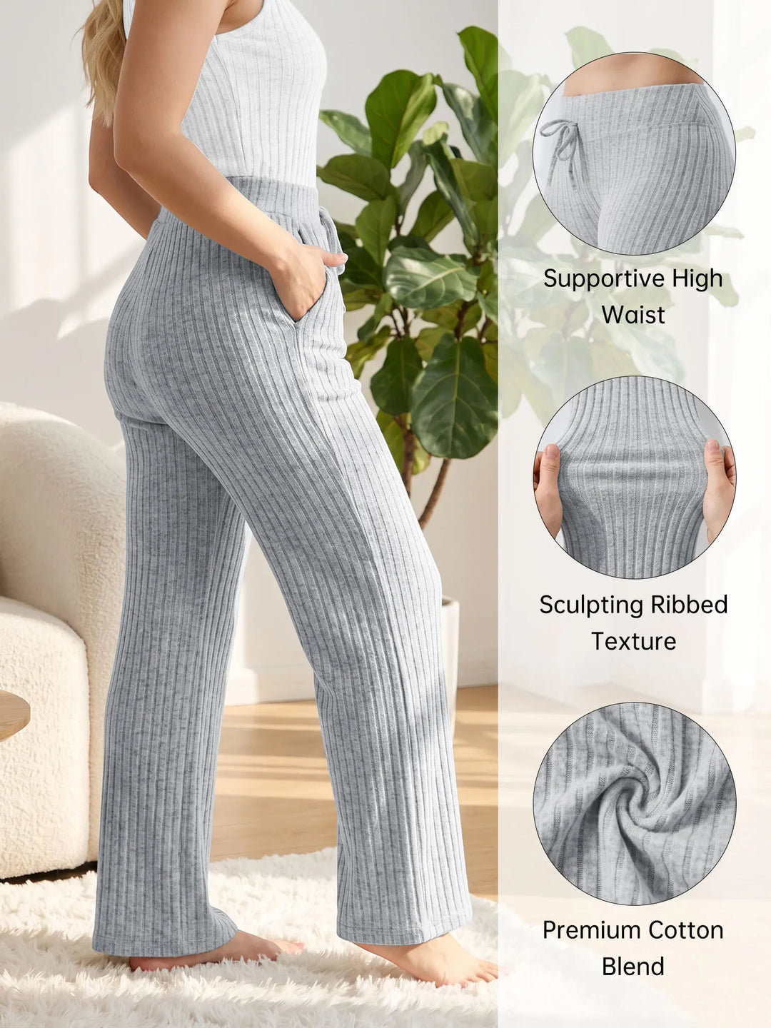 Light gray ribbed wide-leg lounge pants with a high waist and side pockets