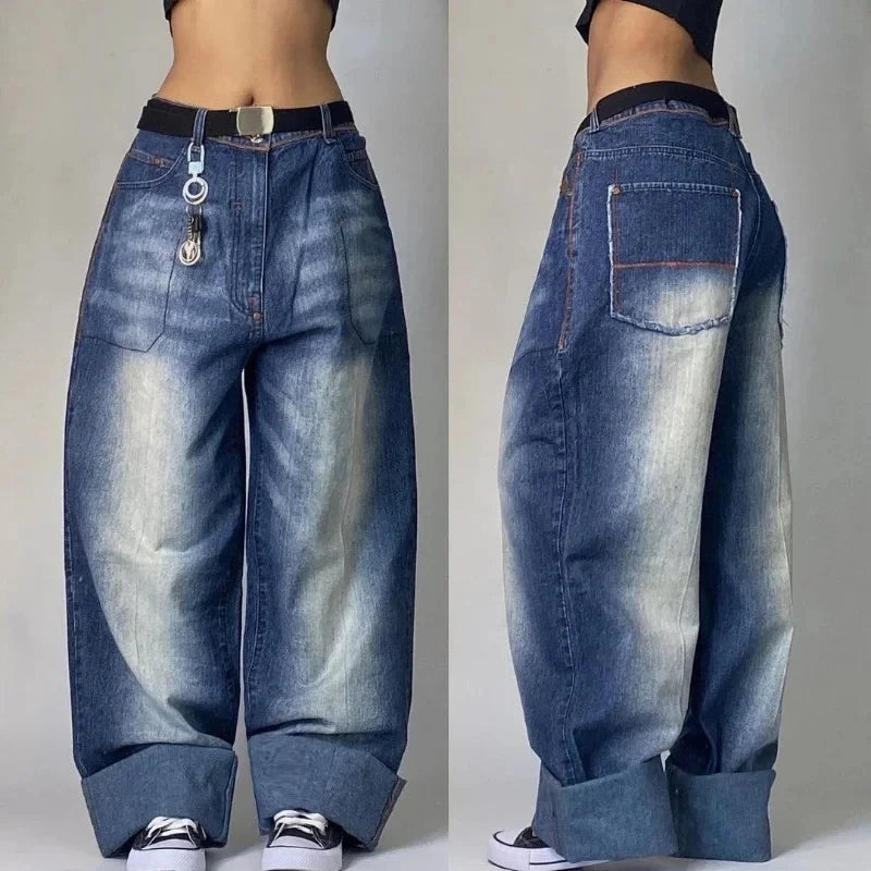 Washed Denim Baggy Button-fly Cargo Low Waist Jeans