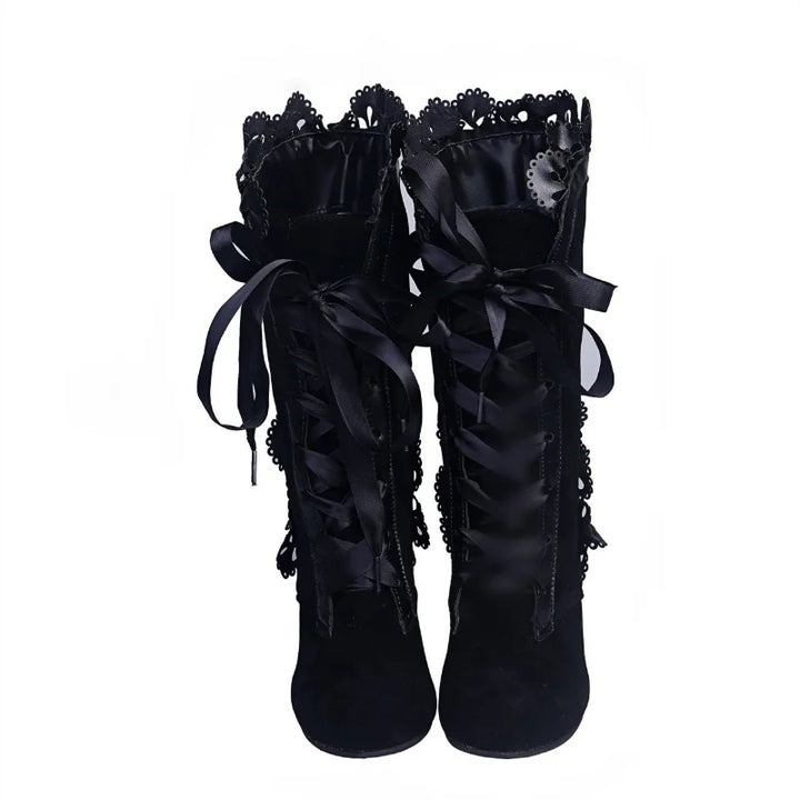 Lace Ruffles Leather Suede Square High Heel Boots