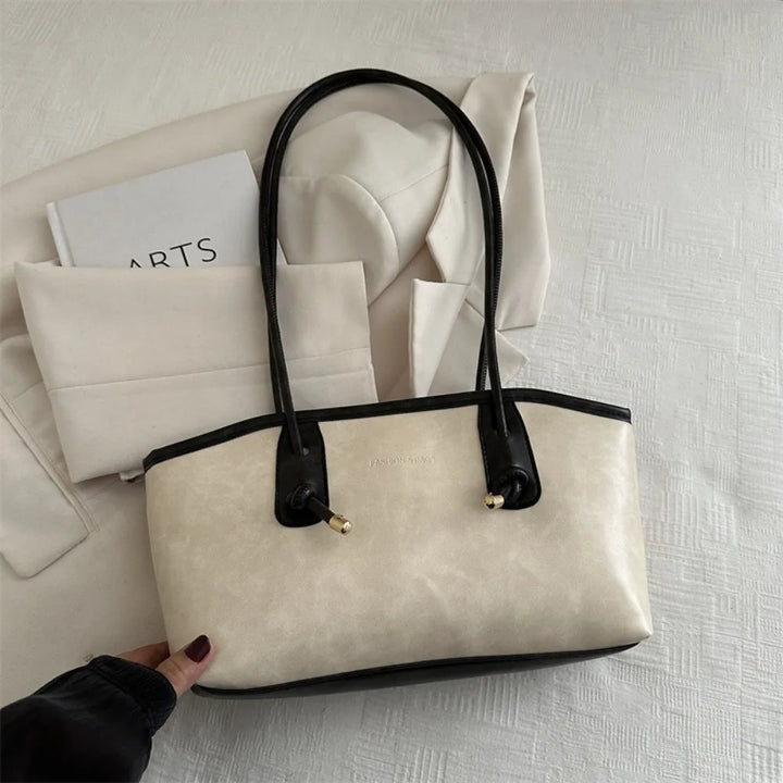 Large PU leather crossbody tote handbag, white with black handles and front seam