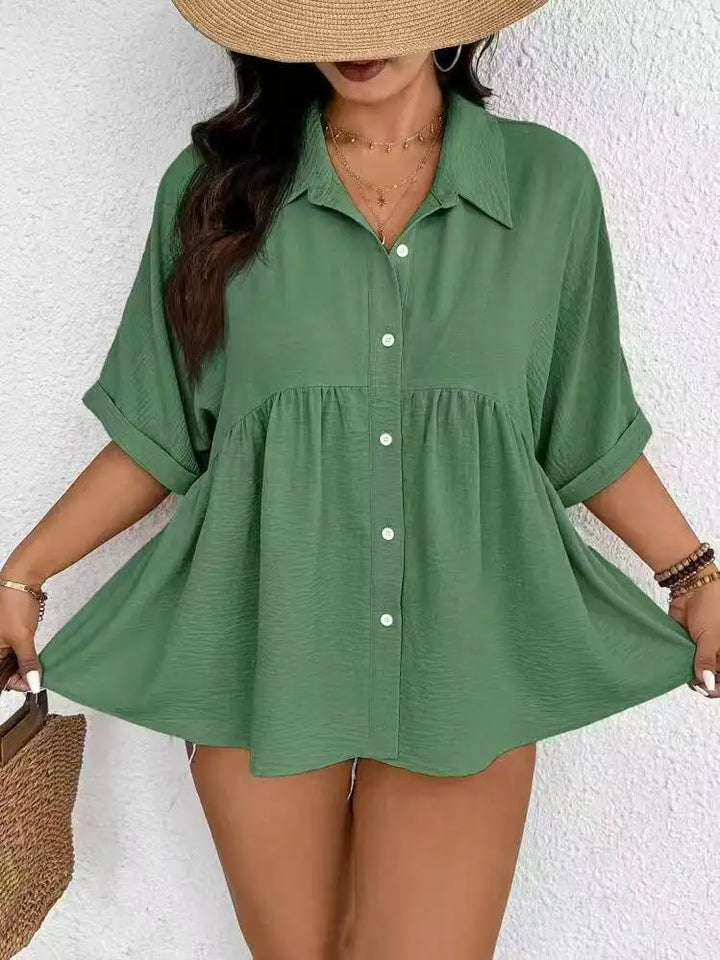 Dollish Collar Button-Up Loose Puff Hem Half Sleeve Plus Size Women's Shirts | Bold Flattering Fit