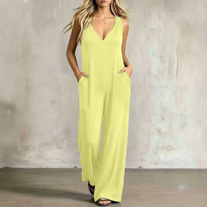 Women's sleeveless V-neck wide-leg jumpsuit, light yellow solid color