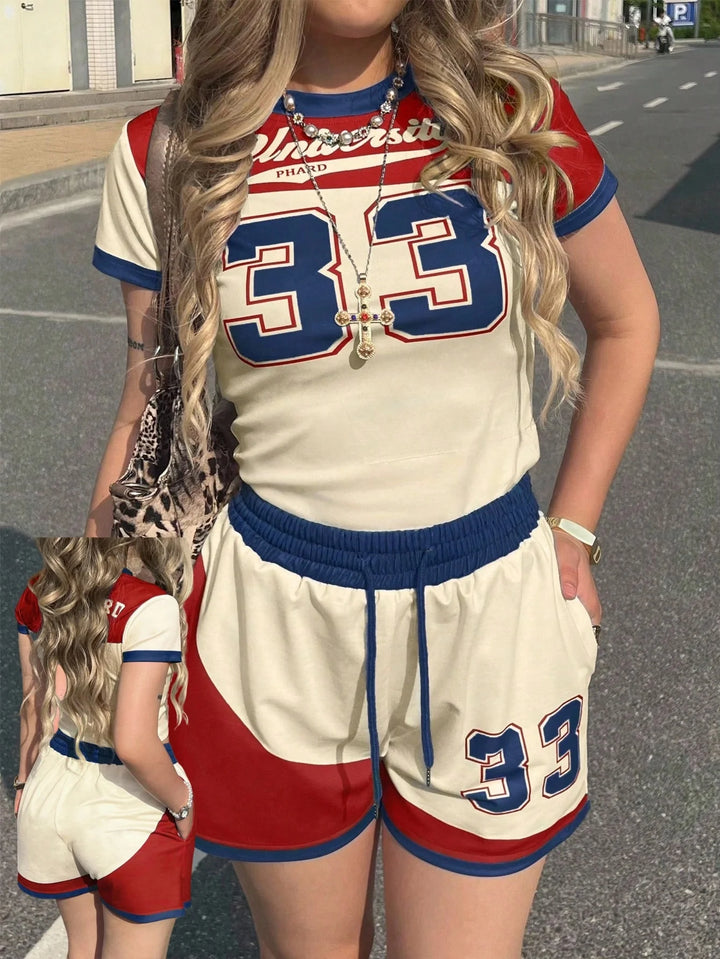 Jersey print tee and shorts set, cream with red and blue trim, number graphic 33