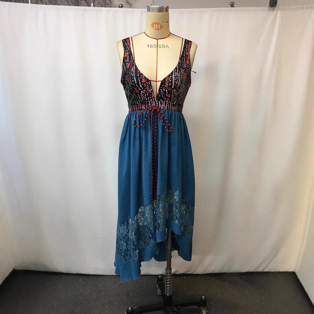 Pfauenblaues Spitzen-Midikleid mit ärmellosem V-Ausschnitt, Schnürband in der Taille