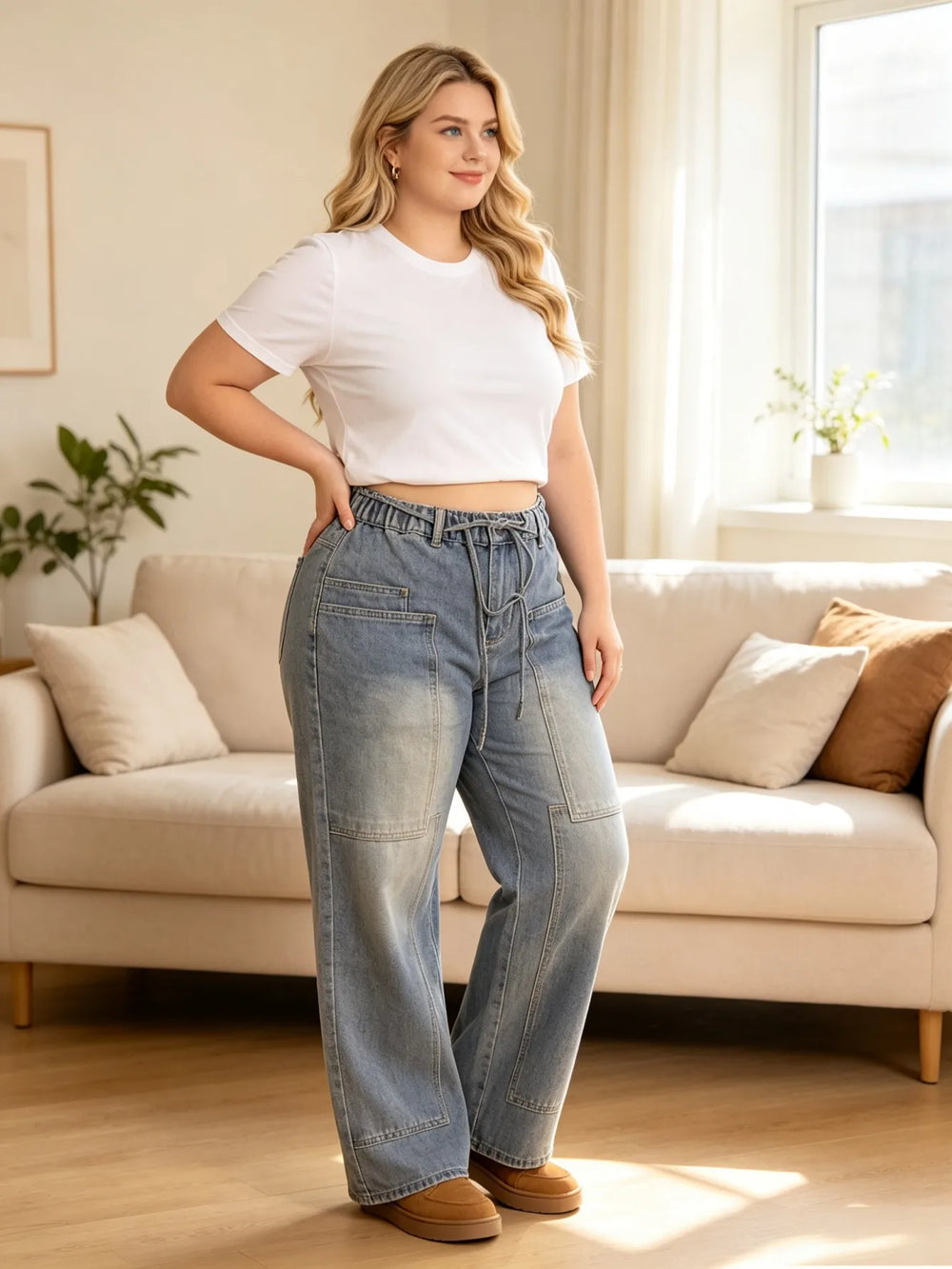 Light blue denim cargo jeans with drawstring waistband and side cargo pockets