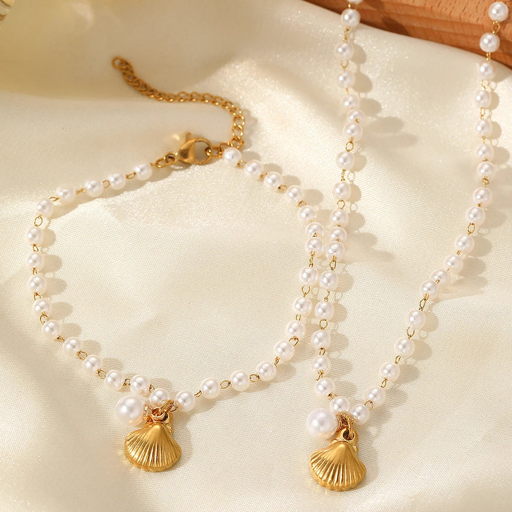 Dollish White Pearls & Seashell Pendant Jewelry Sets - Flossy Mom