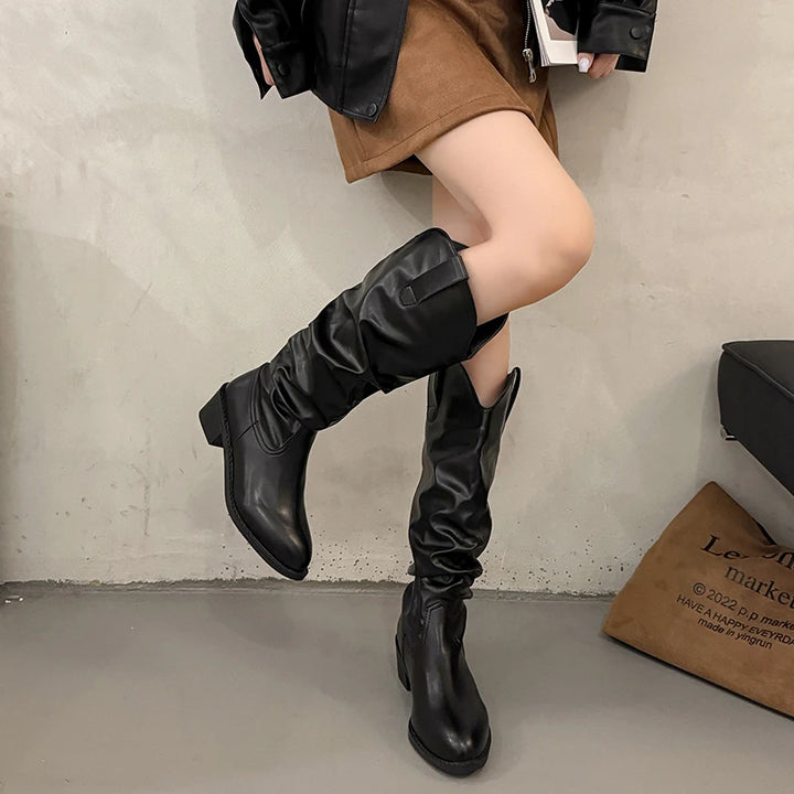 Pointed-Toe Knee-High PU Leather Heels Riding Boots - Flossy Mom