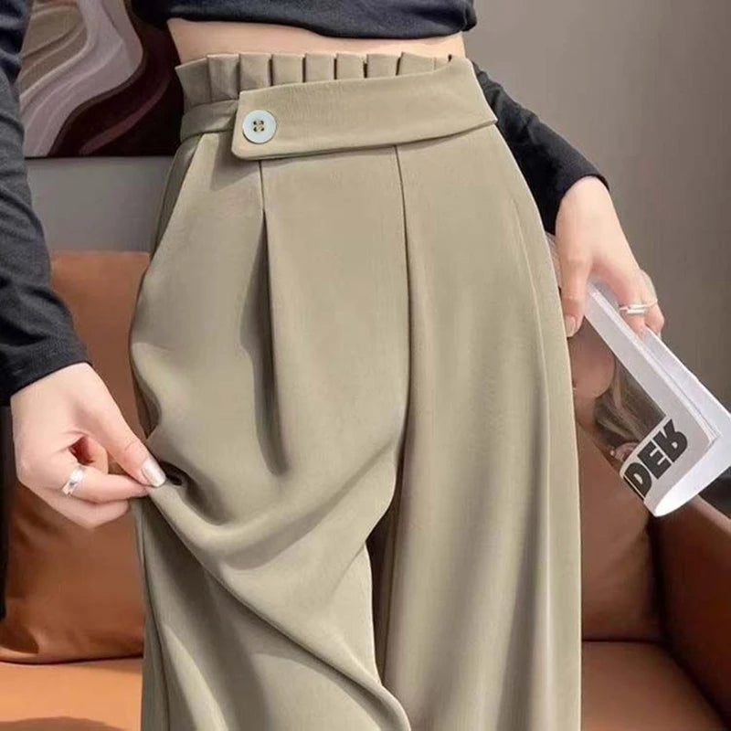 Women’s high-rise wide-leg ankle-crop pants in khaki, button front, pleated waist
