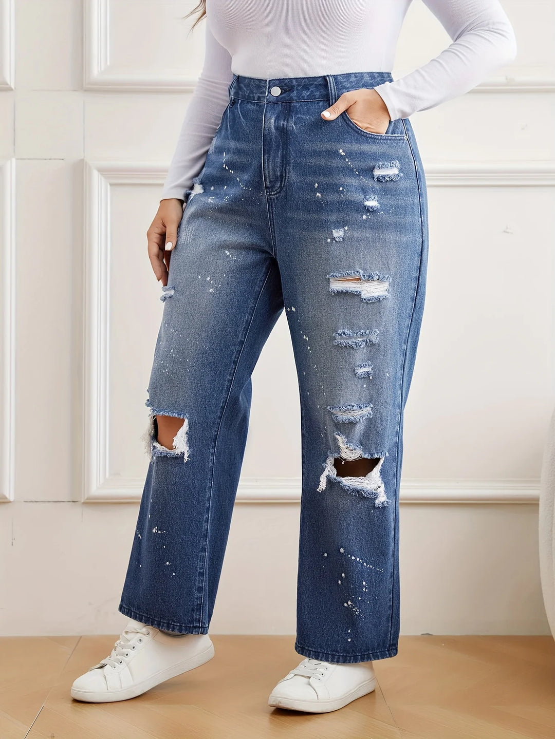 Destroyed Ripped Hole Zipper-fly Plus Size Denim Jeans