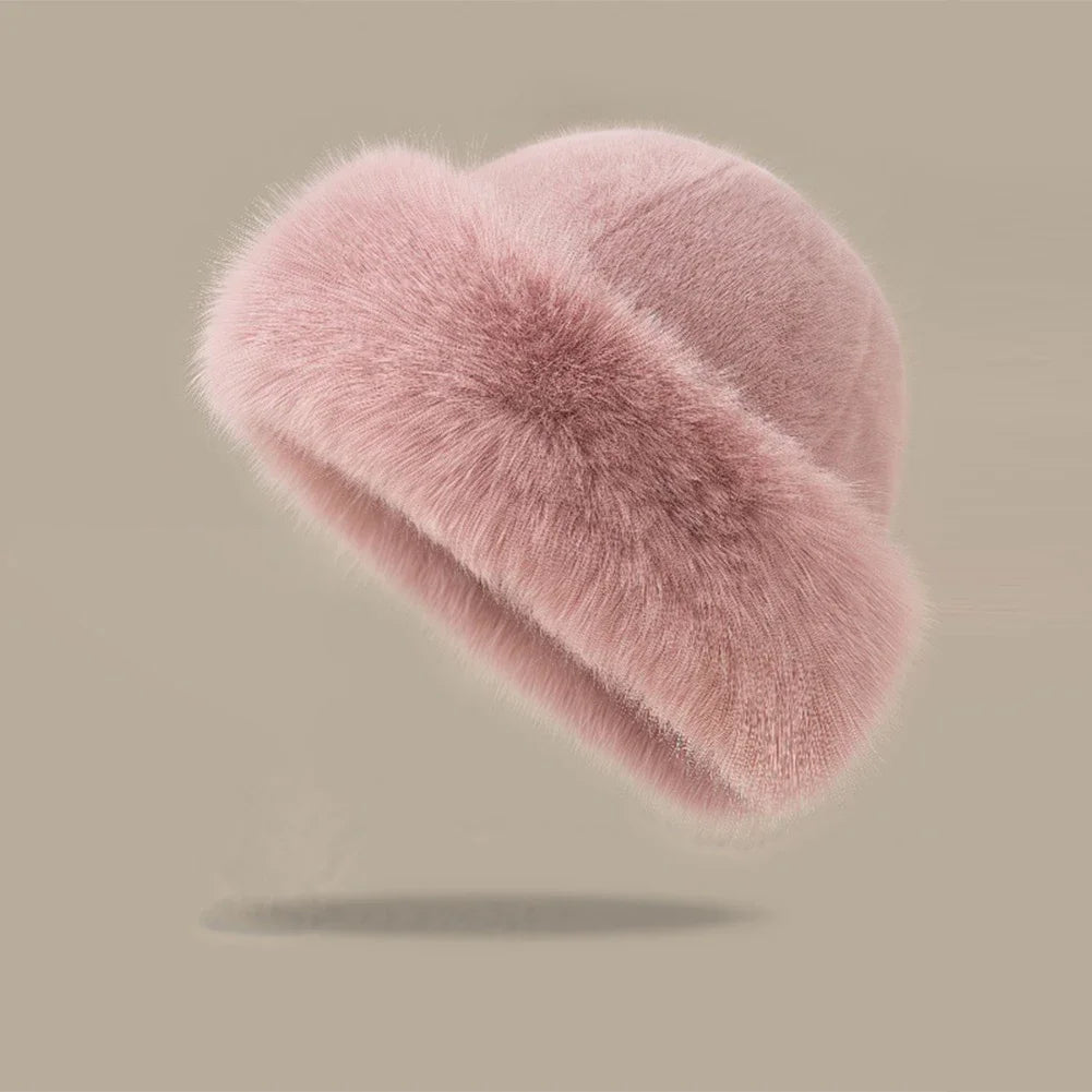 Warm plush faux fur hat, pink rounded top with plush fold brim