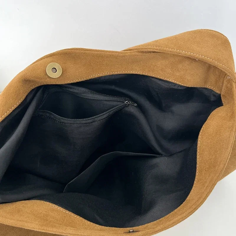 Camel suede-look underarm tote bag with snap button top and fabric-lined interior