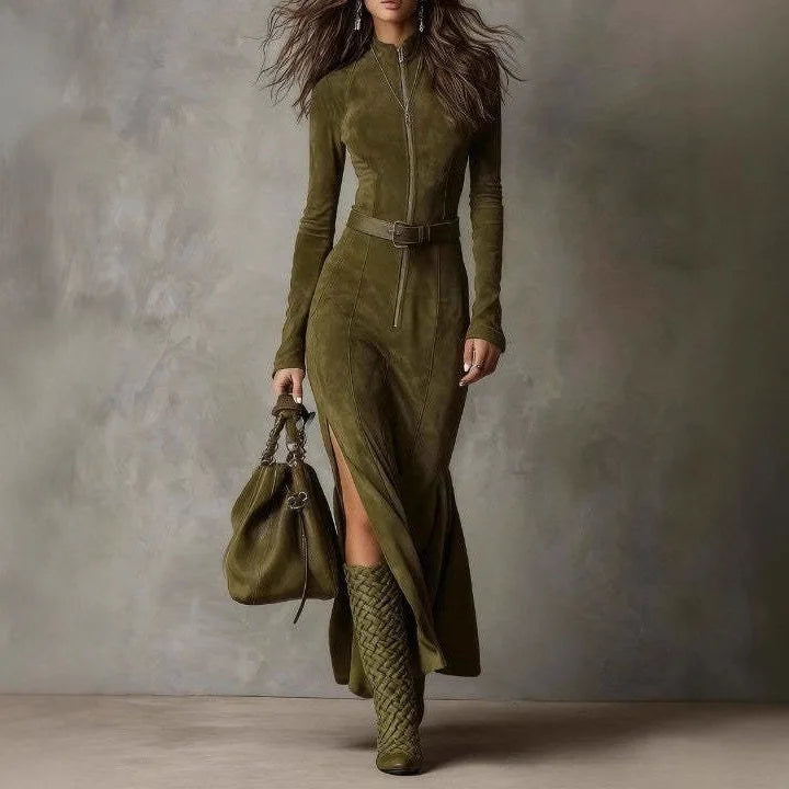 Dark green fleece cheongsam maxi dress with front zipper, belt, and side slit