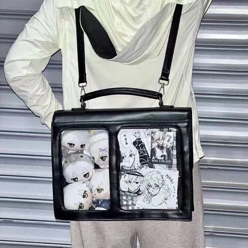 Black transparent crossbody bag with two clear compartments and top handle straps