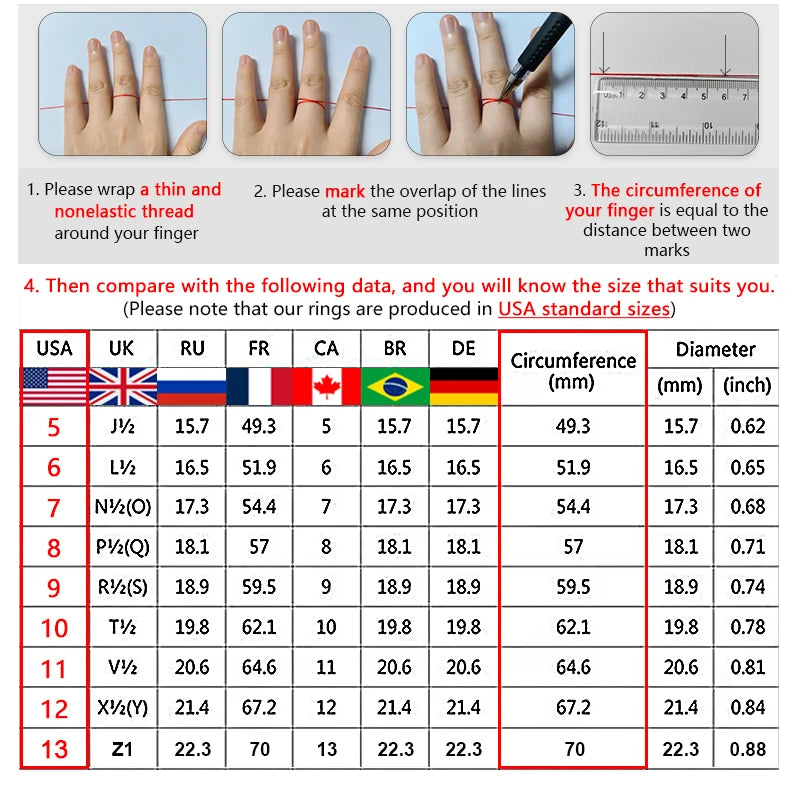 Instructions for measuring finger size with a thread and ruler, followed by a size chart for various countries.