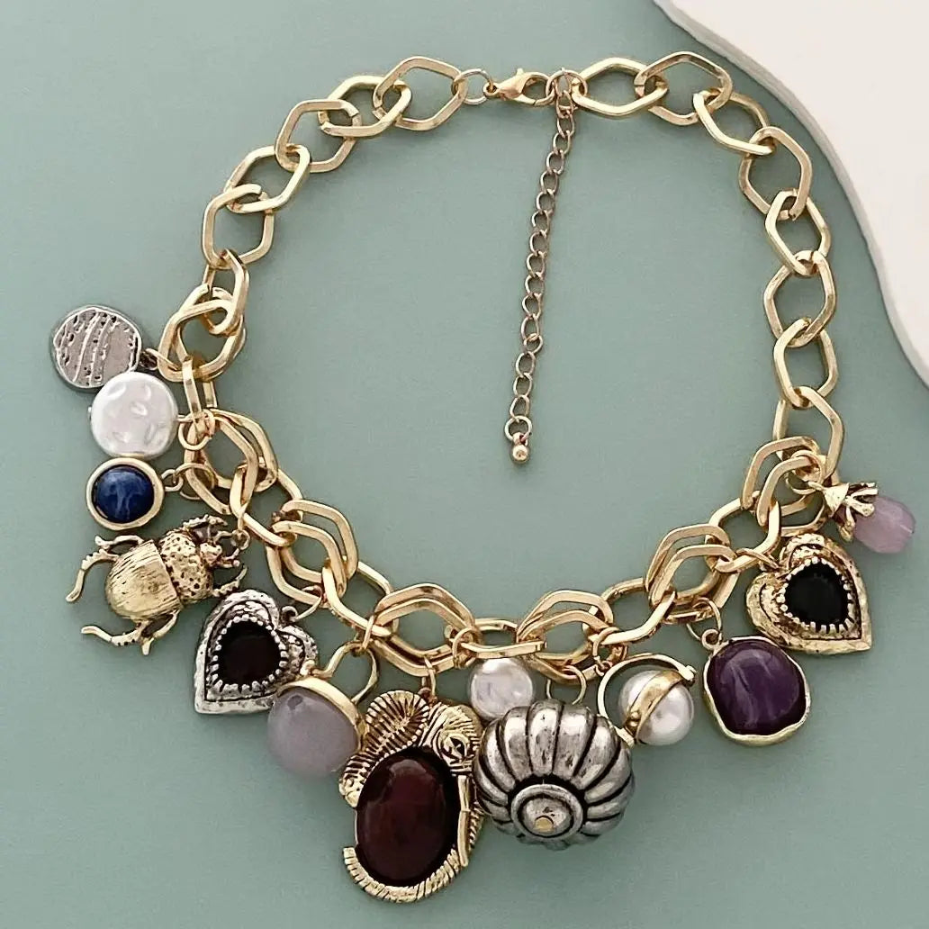 Women's Necklaces - Retro Shell Heart Stone Pendant Choker Gold Silver