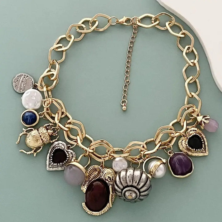 Women's Necklaces - Retro Shell Heart Stone Pendant Choker Gold Silver